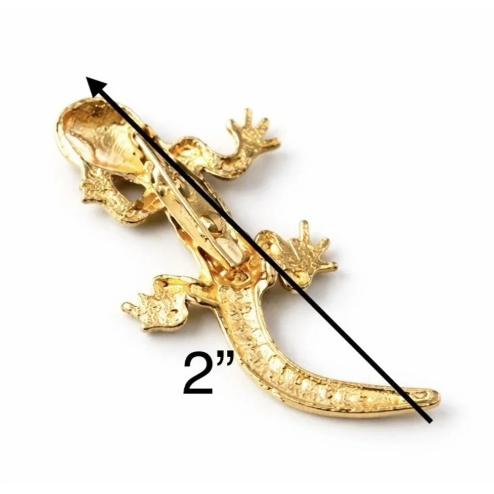 White Rhinestone Lizard W/ Green Eyes Brooch Gold Tone Metal Accent Pin 2
